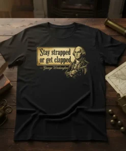 George Washington quote "Stay strapped or get clapped" on a black t-shirt with a vintage portrait of Washington