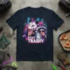Stay Trashy t-shirt design with a raccoon and opossum eating pizza in front of a neon cityscape