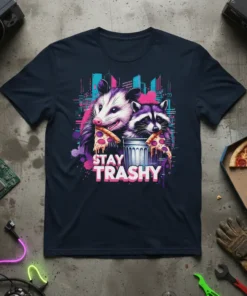 Stay Trashy t-shirt design with a raccoon and opossum eating pizza in front of a neon cityscape