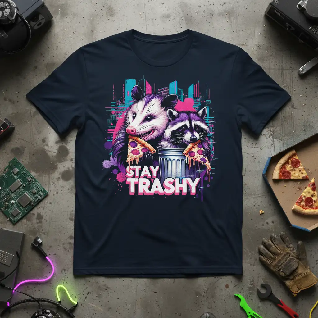 Stay Trashy raccoon and opossum pizza graphic with neon city backdrop on a navy t-shirt