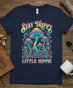 Stay Trippy Little Hippie t-shirt with colorful psychedelic mushrooms and retro font