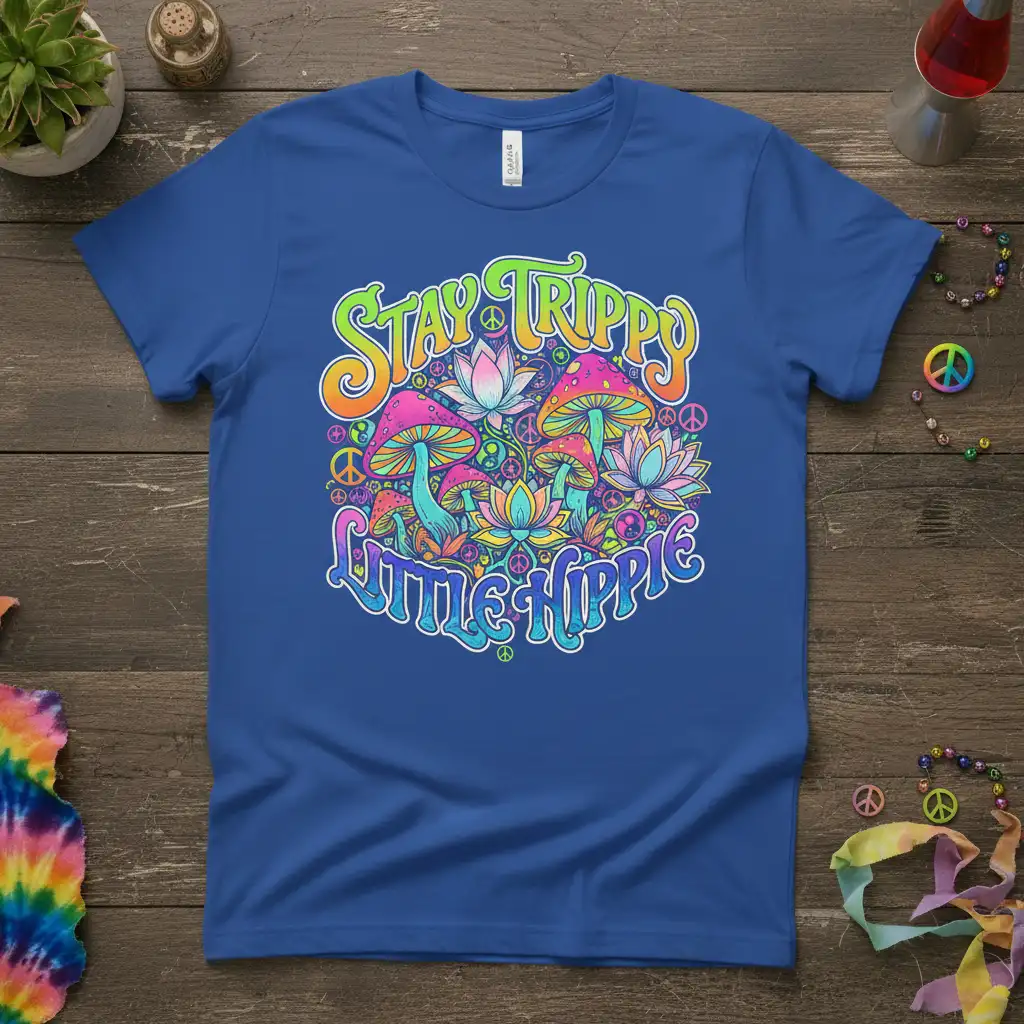 Stay Trippy Little Hippie quote with psychedelic mushrooms and lotus flowers on a vibrant blue t-shirt