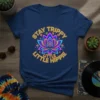 Stay Trippy Little Hippie text design with colorful psychedelic lotus flower and peace symbol, navy blue t-shirt