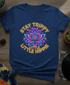 Stay Trippy Little Hippie text design with colorful psychedelic lotus flower and peace symbol, navy blue t-shirt