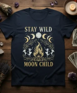 Stay Wild Moon Child t-shirt design featuring a bonfire, dancing figures, moon phases, and celestial elements