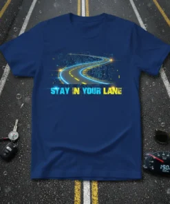 Stay In Your Lane quote t-shirt with a futuristic road graphic and circuit board elements