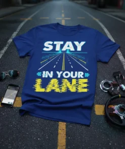 Blue t-shirt with white and yellow text "STAY IN YOUR LANE" and a graphic of a road stretching into the