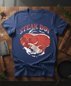 Steak Boy t-shirt design featuring bold red and white text above a realistic graphic of a raw steak cut