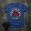 Stealing Hearts t-shirt design with graphic of gauntlets holding a broken heart and red lightning accents
