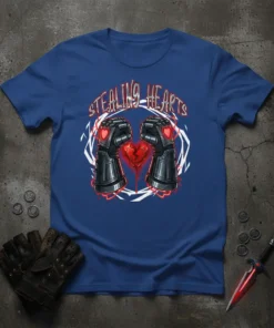 Stealing Hearts t-shirt design with graphic of gauntlets holding a broken heart and red lightning accents
