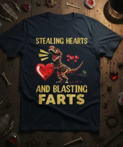 Stealing Hearts And Blasting Farts graphic t-shirt with a T-Rex skeleton holding a heart and emitting cartoon farts