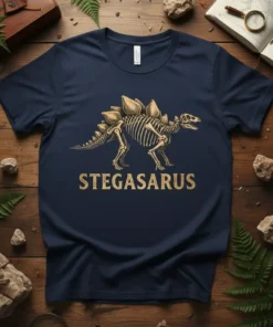 Stegasaurus skeleton graphic on a navy blue t-shirt with the word STEGASARUS below it