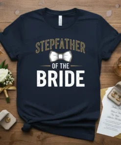 Navy blue t-shirt with "STEPFATHER OF THE BRIDE" text and a bowtie graphic
