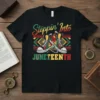 Steppin' Into Juneteenth t-shirt design with colorful sneakers and retro text, celebrating freedom and heritage