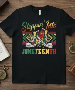 Steppin' Into Juneteenth t-shirt design with colorful sneakers and retro text, celebrating freedom and heritage