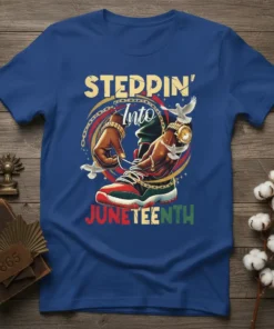 Steppin' Into Juneteenth t-shirt design with hands tying shoelaces, doves, and gold chains, celebrating Juneteenth freedom day