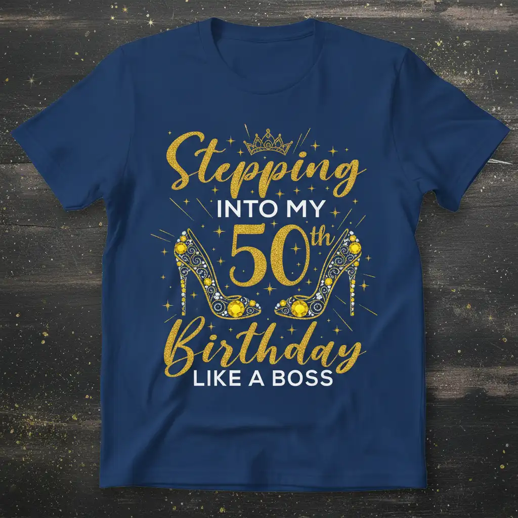 Stepping Into My 50th Birthday Like A Boss quote with glitter and high heels graphic on t-shirt