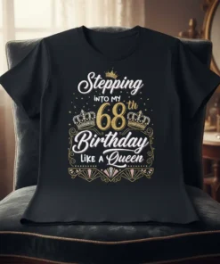 Stepping into my 68th Birthday Like a Queen text with crowns and decorative elements on a black t-shirt design