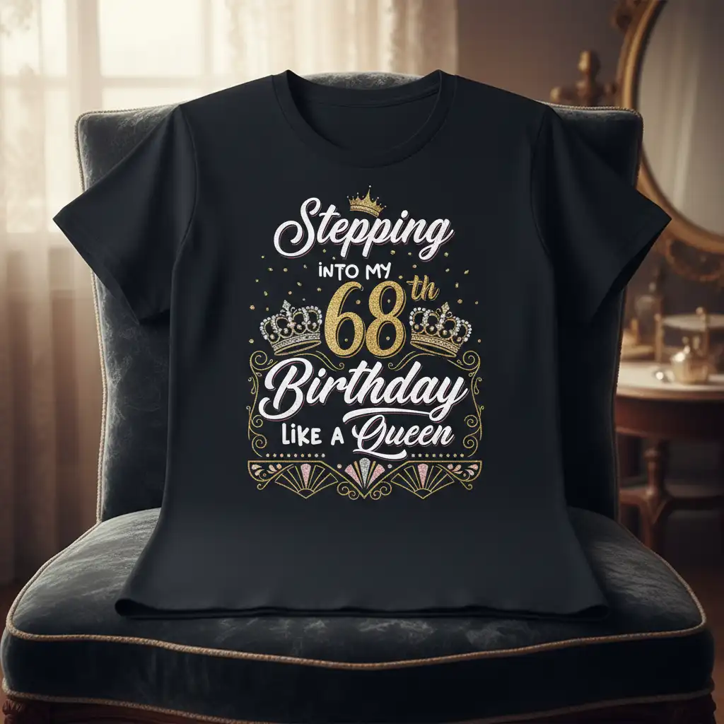 Stepping into my 68th Birthday Like a Queen quote with crowns graphic on a black tee