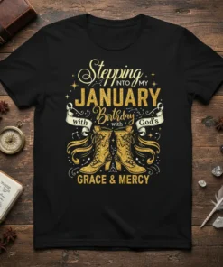 Text design "Stepping into my January Birthday with God's Grace & Mercy" featuring golden boots and sparkles on a black