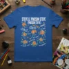 Blue t-shirt featuring the French cartoon character Steve Le Poisson Steve with various poses and text phrases like "Palalapalala" and