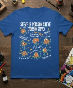 Blue t-shirt featuring the French cartoon character Steve Le Poisson Steve with various poses and text phrases like "Palalapalala" and