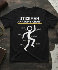 Stickman Anatomy Chart T-Shirt with a stick figure labeled 'circle' and multiple 'stick' parts