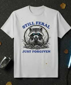 White t-shirt with "STILL FERAl JUST FORGIVEN" text and a graphic of a raccoon with bright blue eyes and sharp