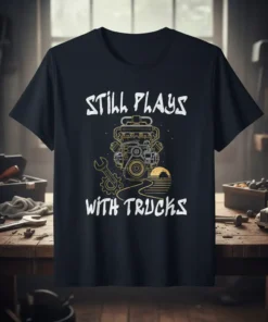 Black t-shirt with white text "STILL PLAYS WITH TRUCKS" above a detailed engine graphic, a wrench, and a sunset truck