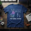 Stop Animal Testing T-Shirt with geometric bunny, carrot math equation, and bold text