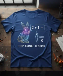 Stop Animal Testing T-Shirt with geometric bunny, carrot math equation, and bold text