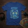 Stop Cat Calling humorous quote t-shirt design featuring a robot cat on a phone, neon blue and yellow text