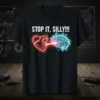 STOP IT, SILLY!!! text above a glowing red mechanical heart firing a beam at a glowing blue mechanical brain