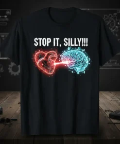 STOP IT, SILLY!!! text above a glowing red mechanical heart firing a beam at a glowing blue mechanical brain
