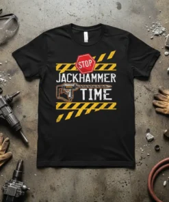 Stop Jackhammer Time t-shirt design with a jackhammer graphic and caution stripes