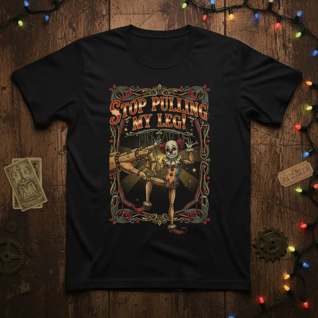 Stop Pulling My Leg! quote with vintage clown and puppet strings on a black tee, circus aesthetic