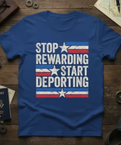 T-shirt with the bold text "STOP REWARDING START DEPORTING" in distressed white lettering against red and blue stripes and stars