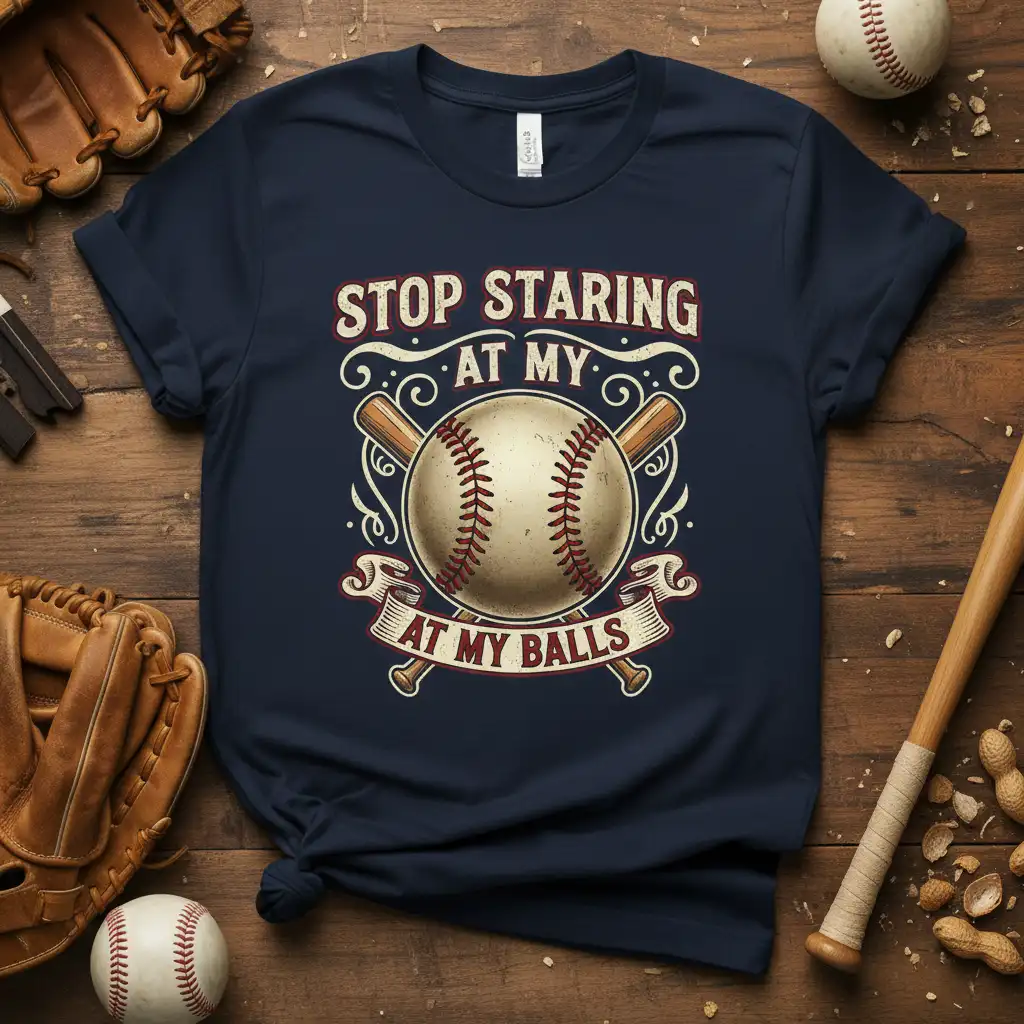 STOP STARING AT MY AT MY BALLS humorous baseball quote on a t-shirt with graphic