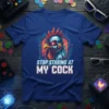 Stop Staring At My Cock t-shirt with a cybernetic rooster graphic and digital circuit design