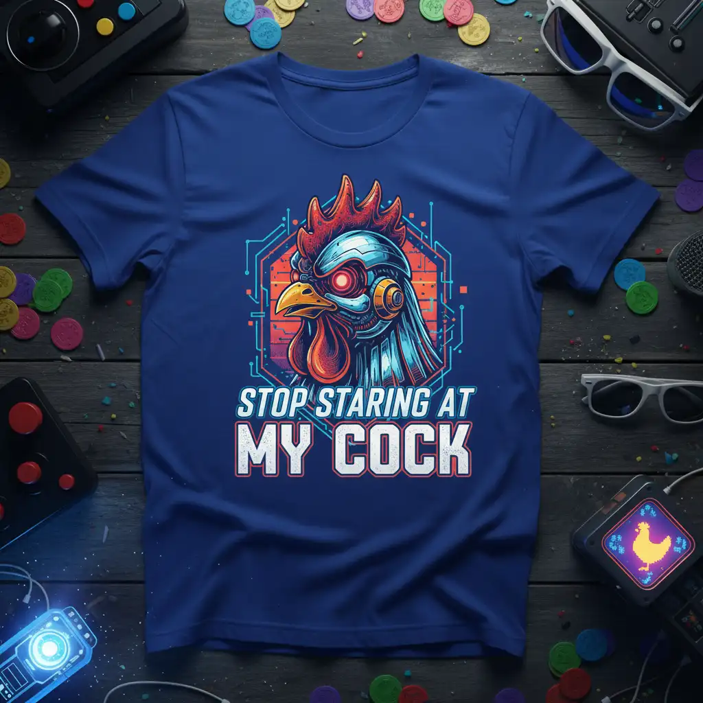 STOP STARING AT MY COCK humorous phrase with a robotic rooster illustration on a blue tee