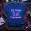 Stop Talking Start Mewing t-shirt with neon geometric cat graphic and lightning bolts
