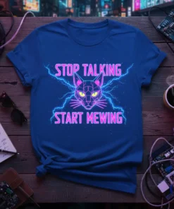 Stop Talking Start Mewing t-shirt with neon geometric cat graphic and lightning bolts