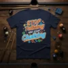 STOP Talking AND START Chalking neon graphic on navy blue t-shirt, pool player design