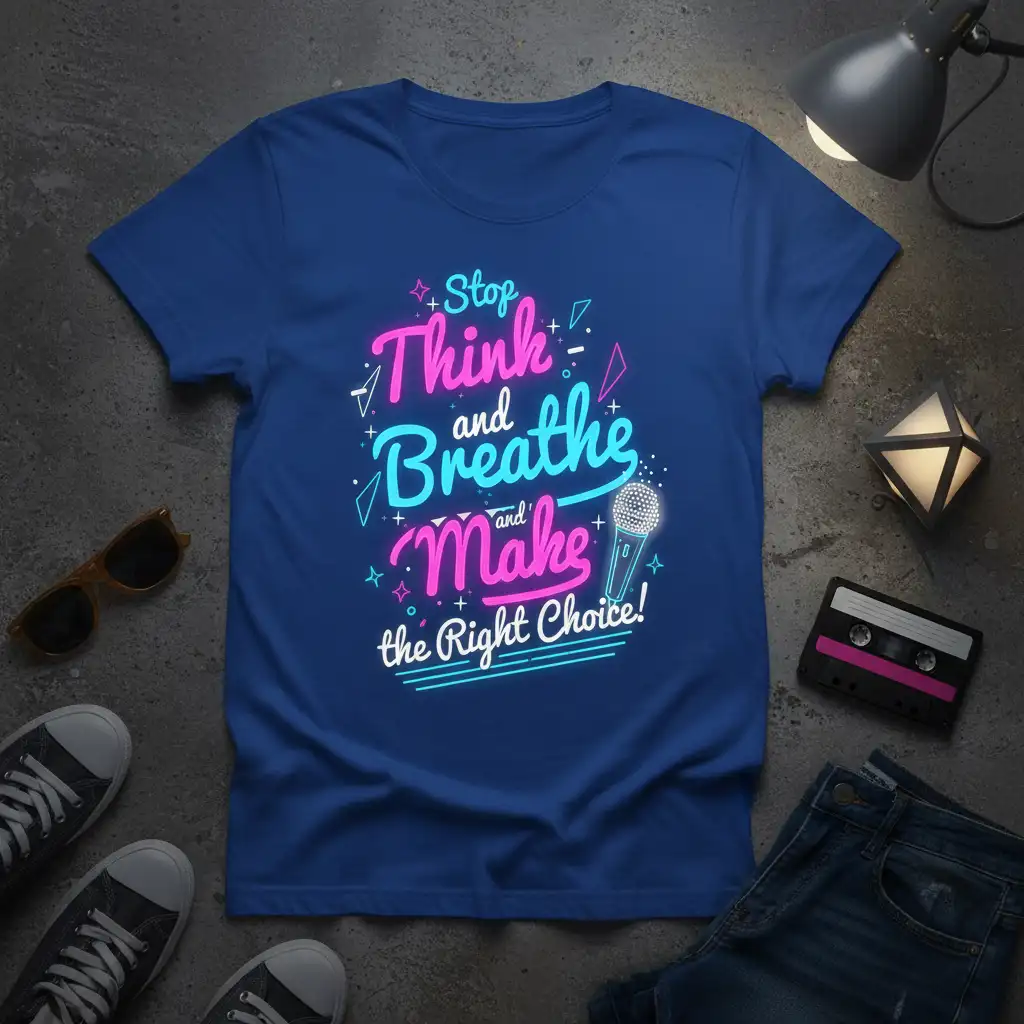 Stop Think and Breathe and Make the Right Choice quote in neon pink and blue on a blue t-shirt with microphone