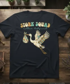 Stork delivering a baby bundle with text 'STORK SQUAD mother-baby unit' in retro font, for pregnancy announcement shirt