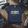 Navy t-shirt with white text 'straight not narrow' inside a geometric rainbow heart design