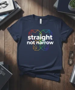 Navy t-shirt with white text 'straight not narrow' inside a geometric rainbow heart design