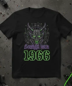 Straight outta 1966 text with a futuristic demon graphic on a black t-shirt