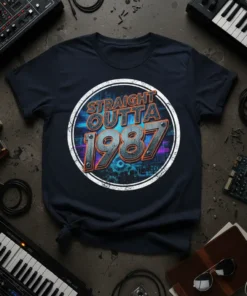 Straight Outta 1987 text graphic on a navy t-shirt with a retro circular design and vibrant neon accents