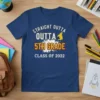 Straight Outta 5th Grade Class of 2022 graduation t-shirt with bold text and a leaping graduate graphic